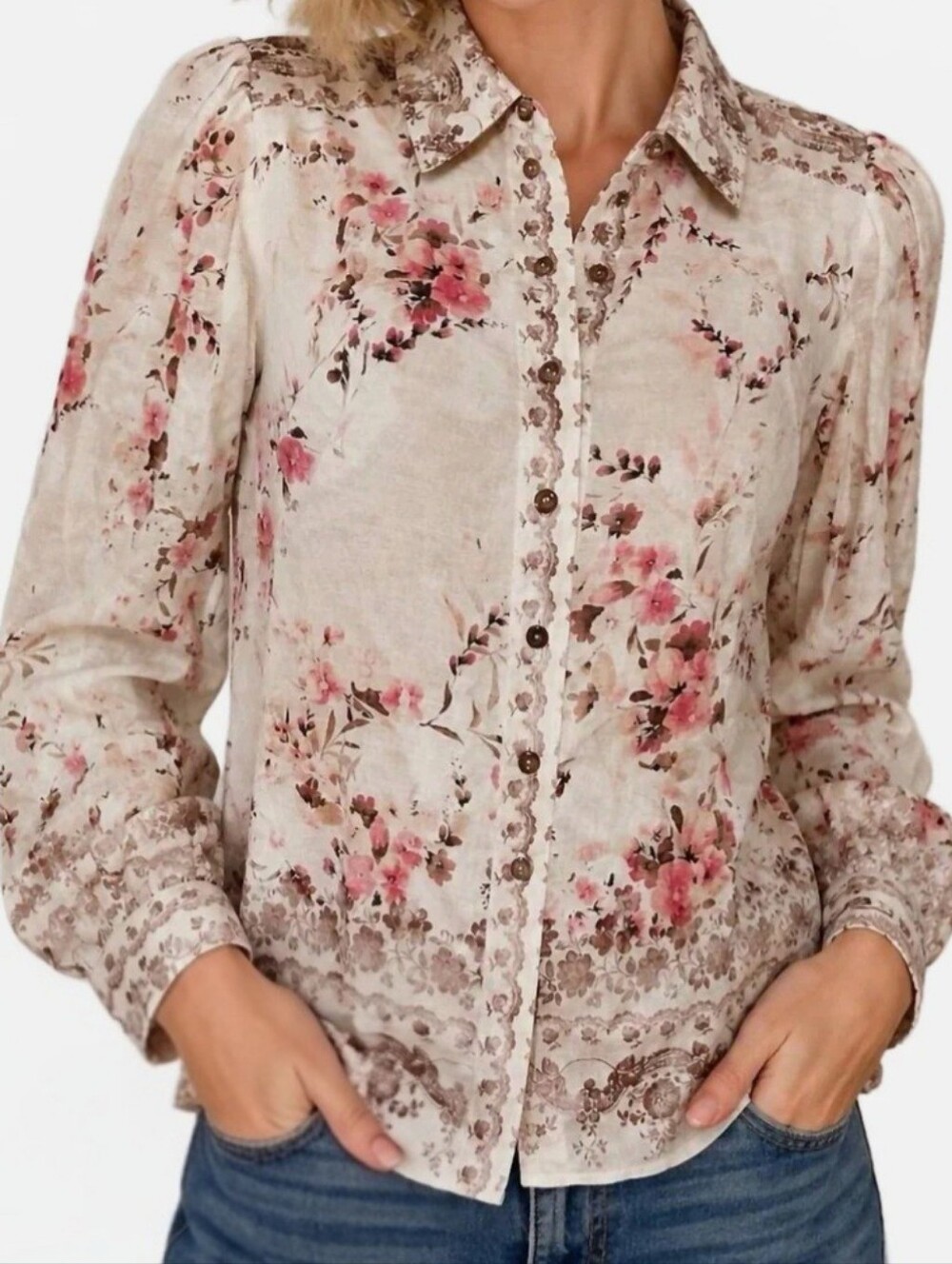 ELIE TAHARI Floral Button-Front Women's Blouse in Cream and Pink